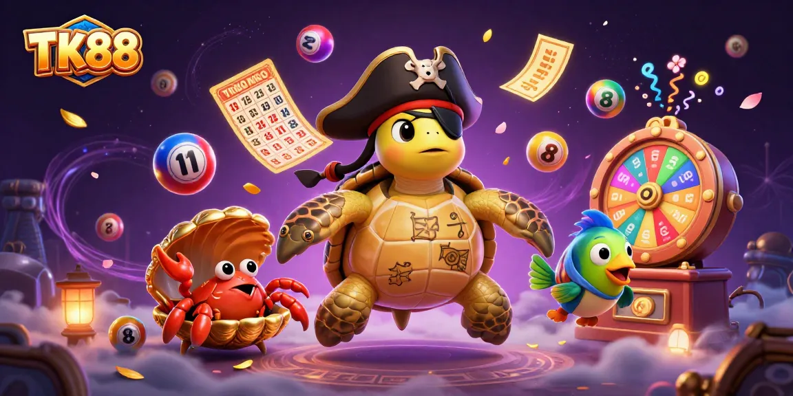 TK88 lottery excitement with a cartoon pirate turtle, hermit crab, and parrotfish amidst vibrant games.