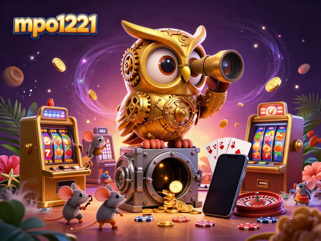 Engage with mpo1221 on a vibrant casino floor filled with animated characters, slot machines, and games.