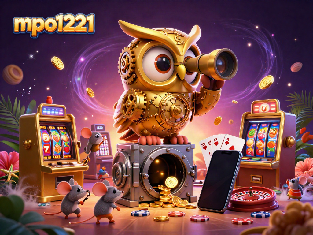 Engage with mpo1221 on a vibrant casino floor filled with animated characters, slot machines, and games.
