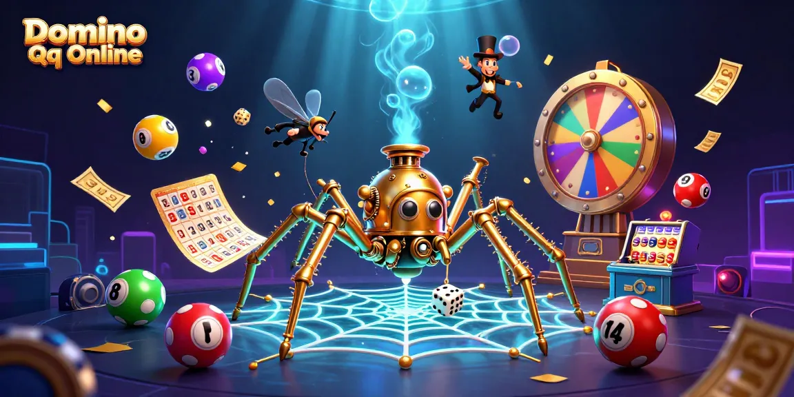 Experience the thrill of Domino Qq Online with a vibrant and dynamic 3D illustration of gaming elements.