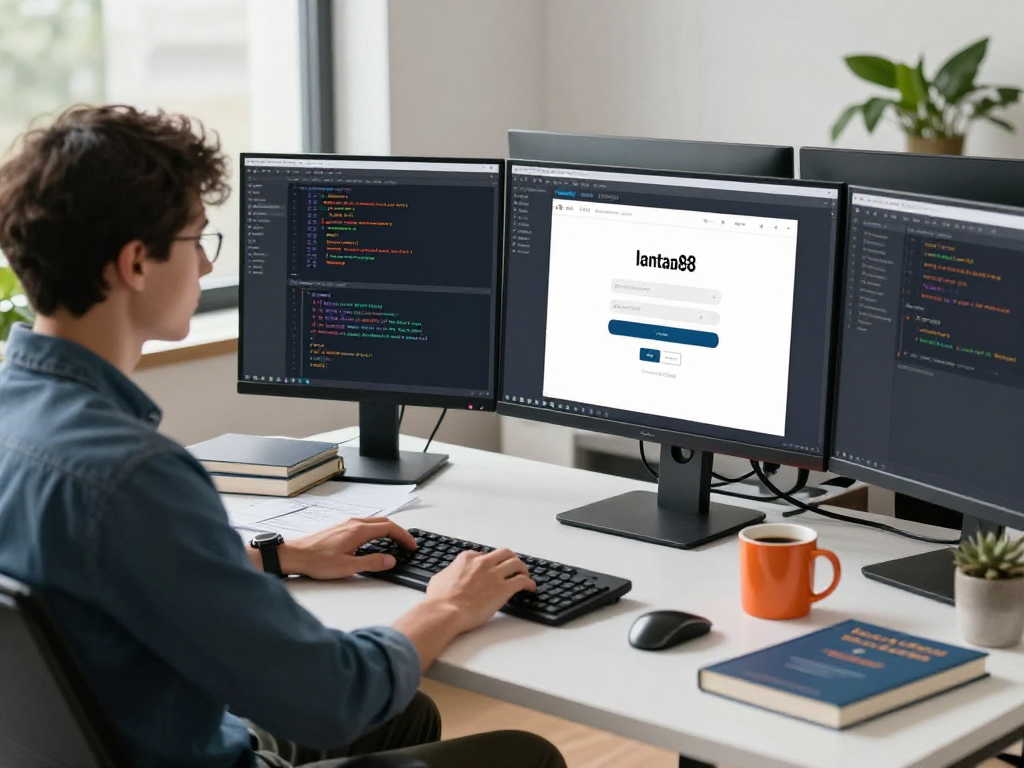 Engaged developer using mantra88 login on multiple screens in a modern workspace.