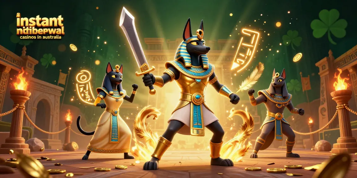 Engage with instant withdrawal casinos in Australia through a vivid 3D illustration of Anubis and Bastet.