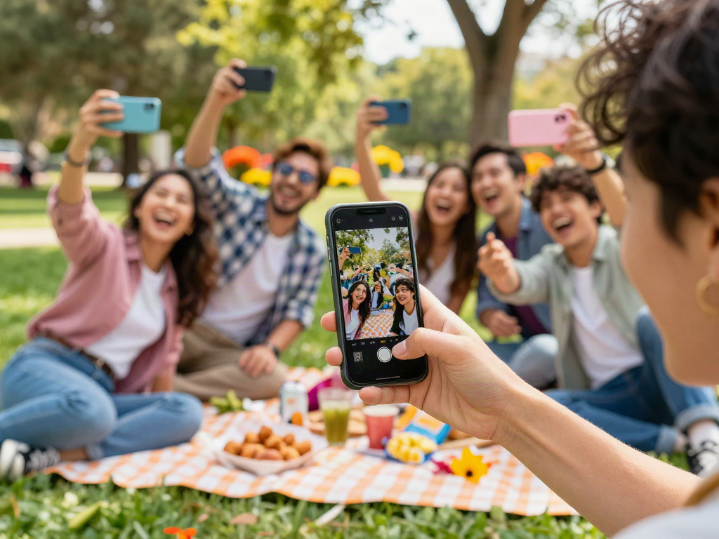 A group enjoying a celebrity lookalike app in a sunny park, engaging with fun facial recognition technology.