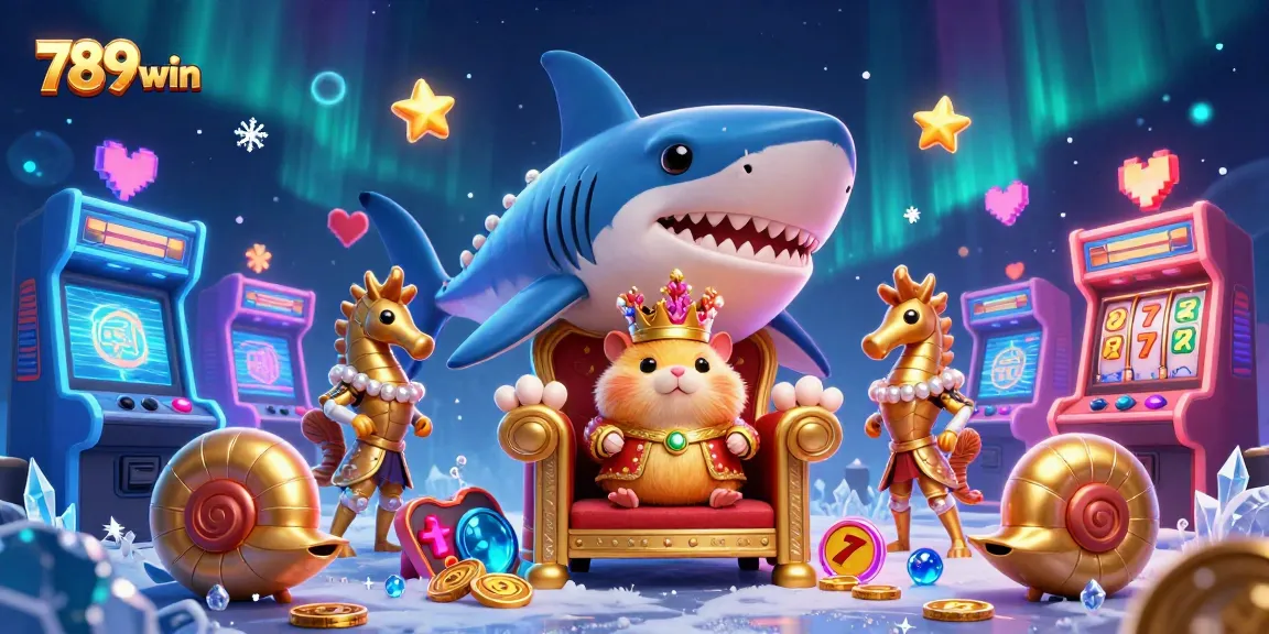 Engage with 789win in an ultra-detailed 3D casino illustration featuring a golden hamster king, dynamic arcade games, and captivating casino elements.