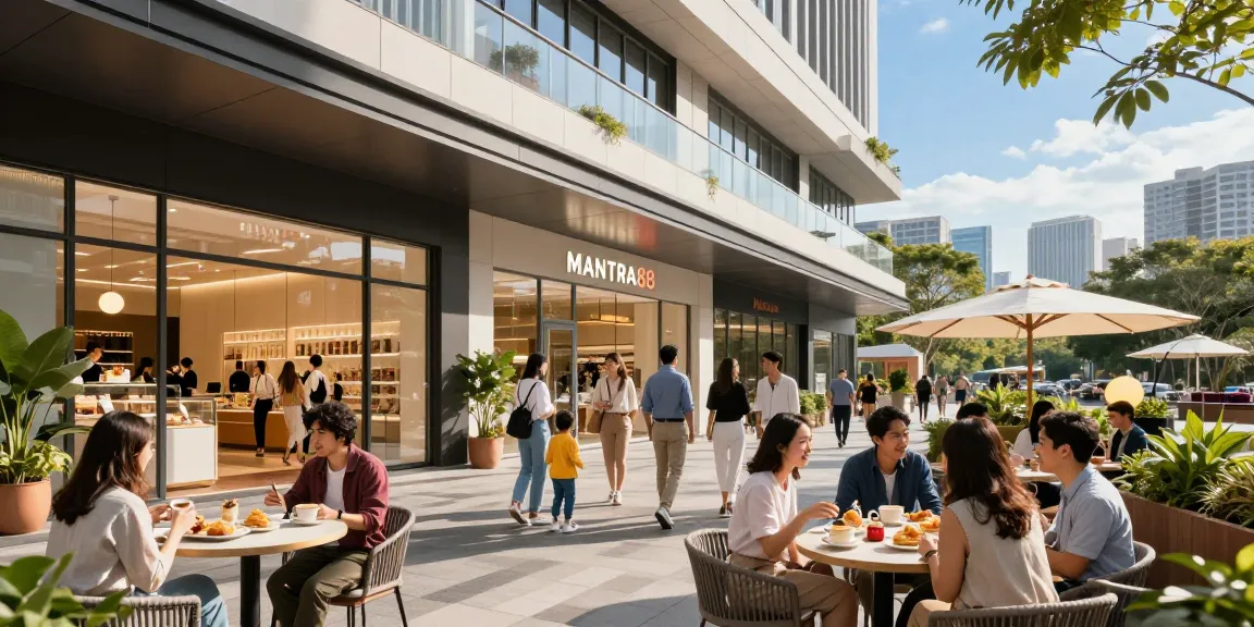 Showcasing MANTRA88 commercial property with vibrant atmosphere and visitors, highlighting www.mgoldproperties.com.