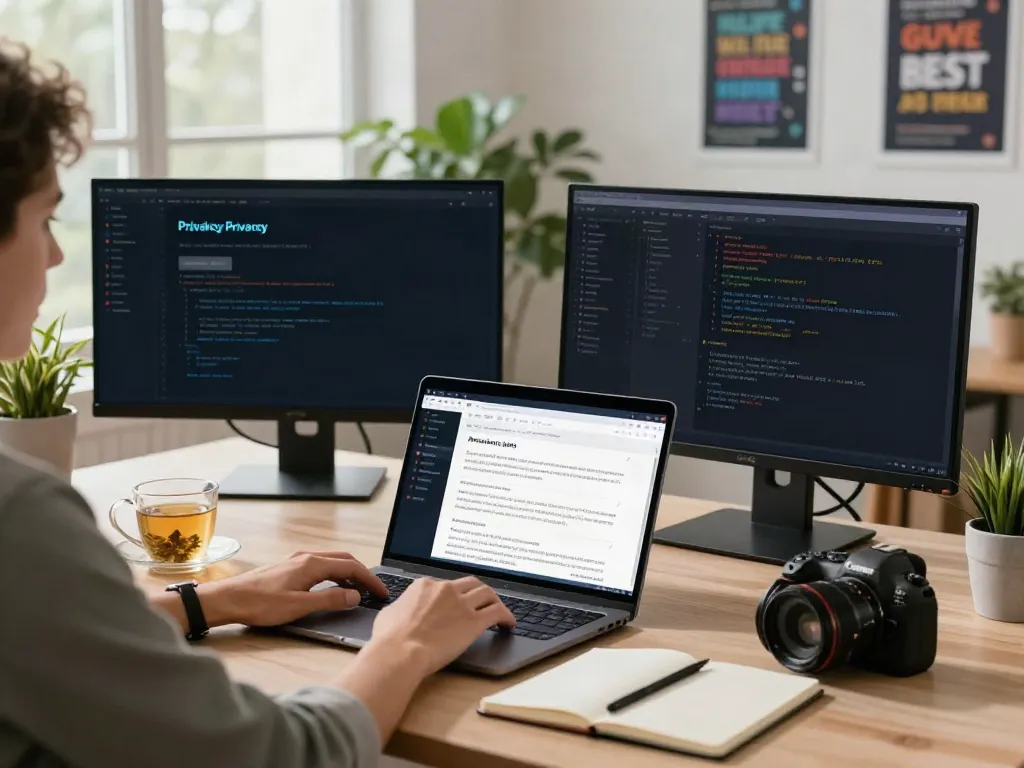 Using the brave浏览器 on a modern workspace with dual monitors and indoor plants.