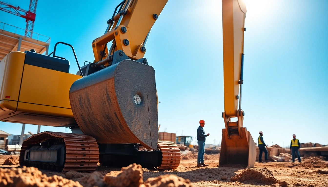 Excavator digging at a construction site with workers and materials visible