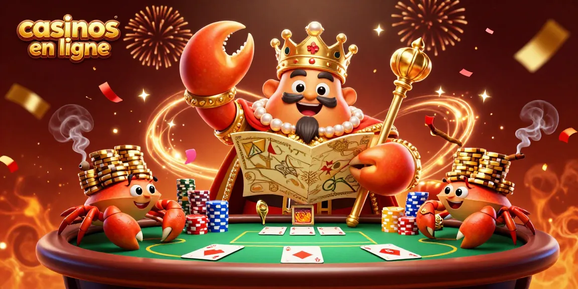 Illustration de crabes en costume royal au casino en ligne, avec des jetons d'or et des cartes.