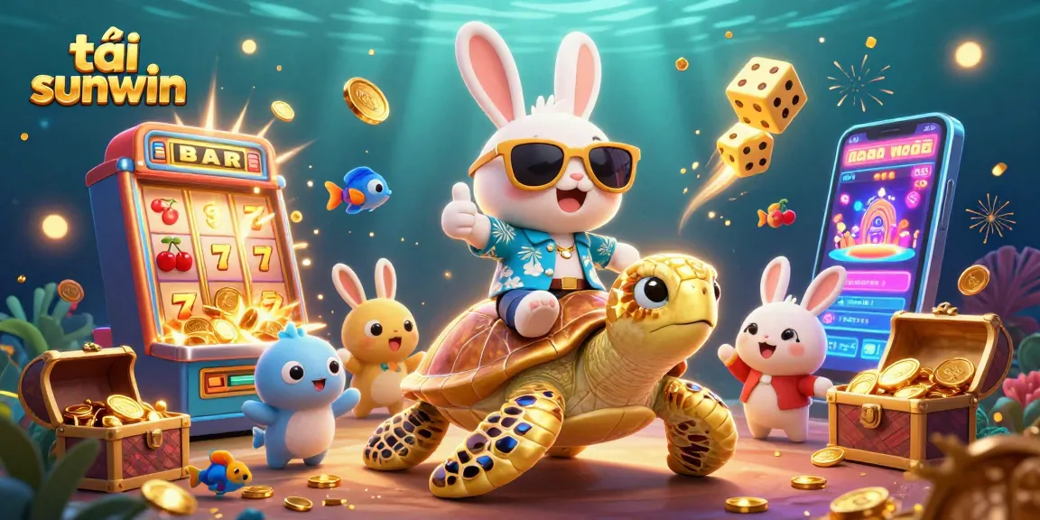 Experience the thrill of tải sunwin with a vibrant illustration of a lucky rabbit and golden sea turtle, showcasing exciting casino elements.