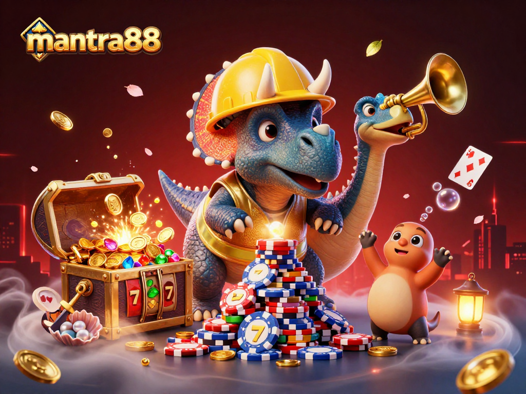 Win big at mantra88 with a vibrant 3D casino scene celebrating poker chip pyramids and congratulatory dinosaurs.