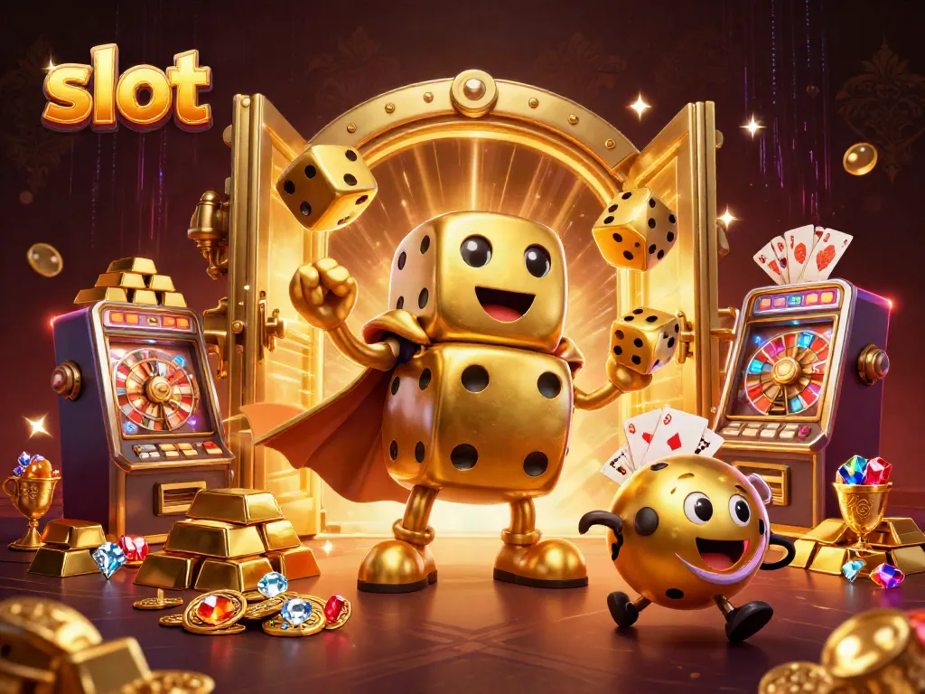 Mesin slot berkilau di antara karakter dadu emas yang mewakili kesenangan perjudian.