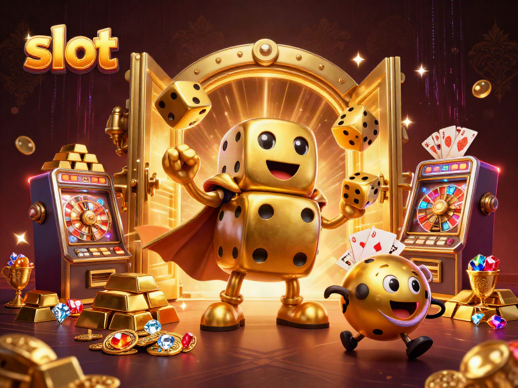 Mesin slot berkilau di antara karakter dadu emas yang mewakili kesenangan perjudian.
