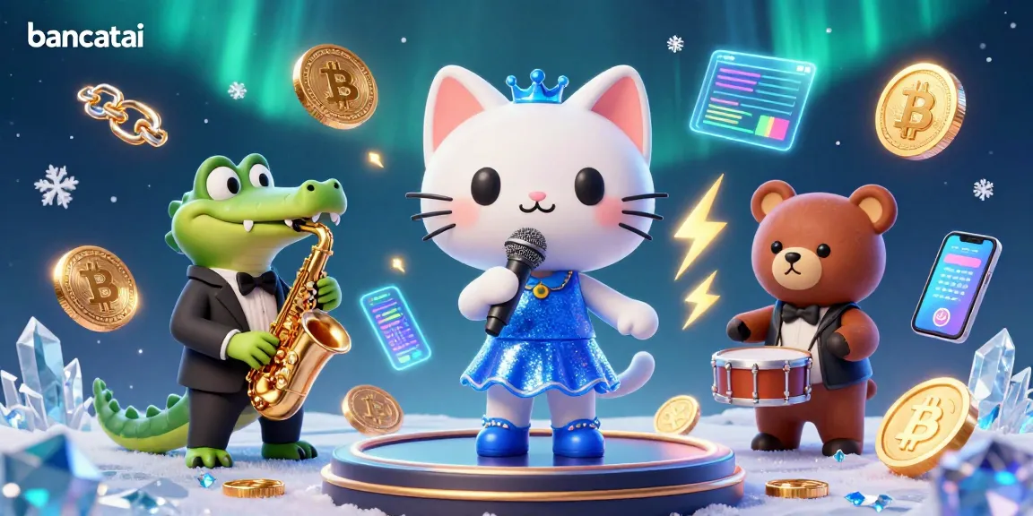 Bancatai features a vibrant 3D casino scene with a jazzy cat, croc, and bear showcasing crypto coins and neon effects.