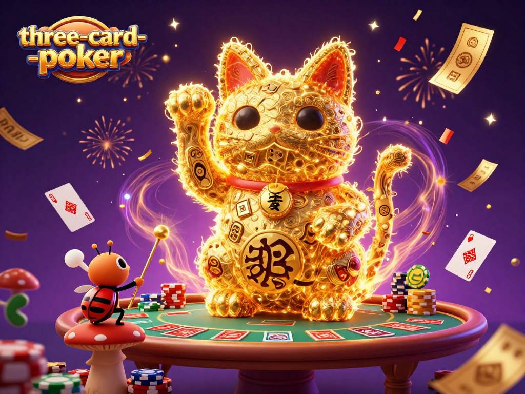 Experience exciting three-card-poker with vibrant casino symbols and engaging elements.