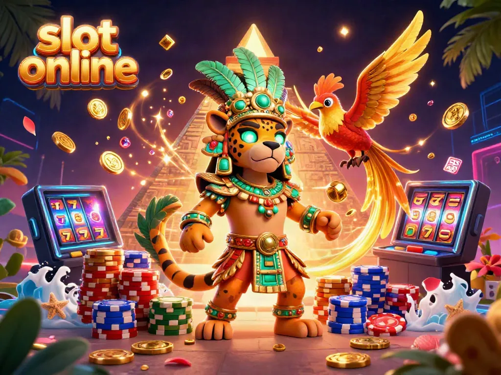 Experience the thrill of slot online with this vibrant 3D casino illustration featuring colorful characters and game elements.