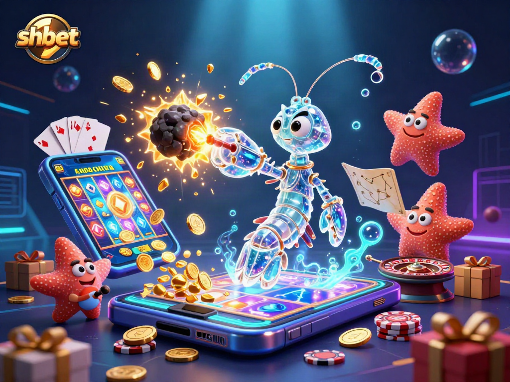shbet's vibrant galactic samurai mantis shrimp busts through gems and coins amidst colorful slot game chaos