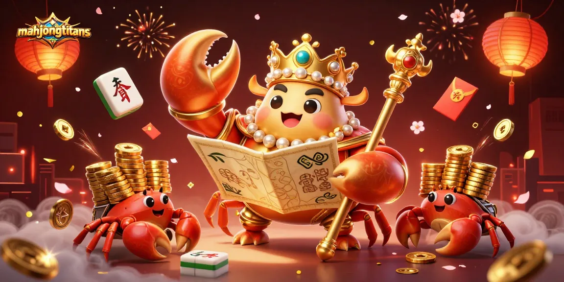 Engage with mahjongtitans in a vibrant 3D scene featuring a golden crab emperor with mahjong tiles and treasure elements.