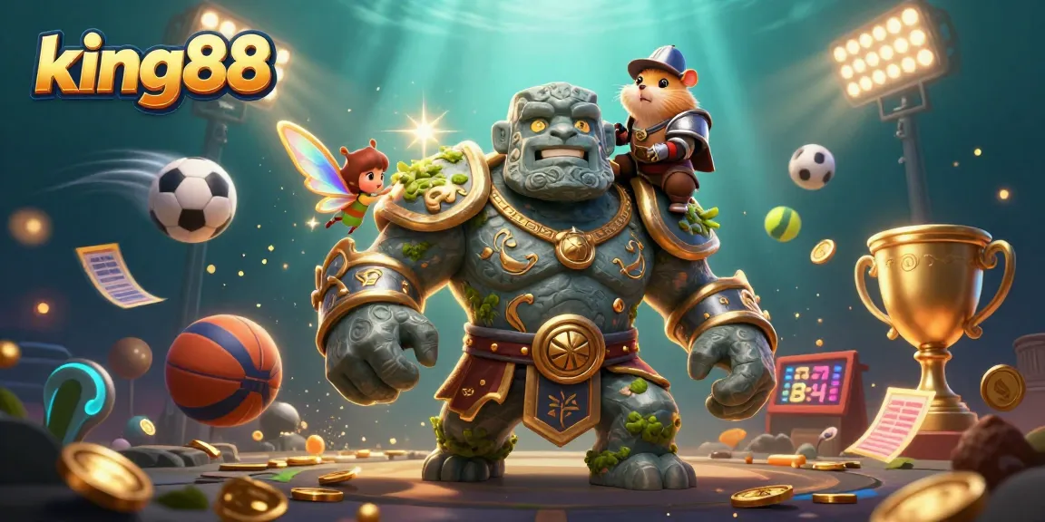 Experience the excitement of king88 with dynamic sports betting action featuring animated characters and casino elements.