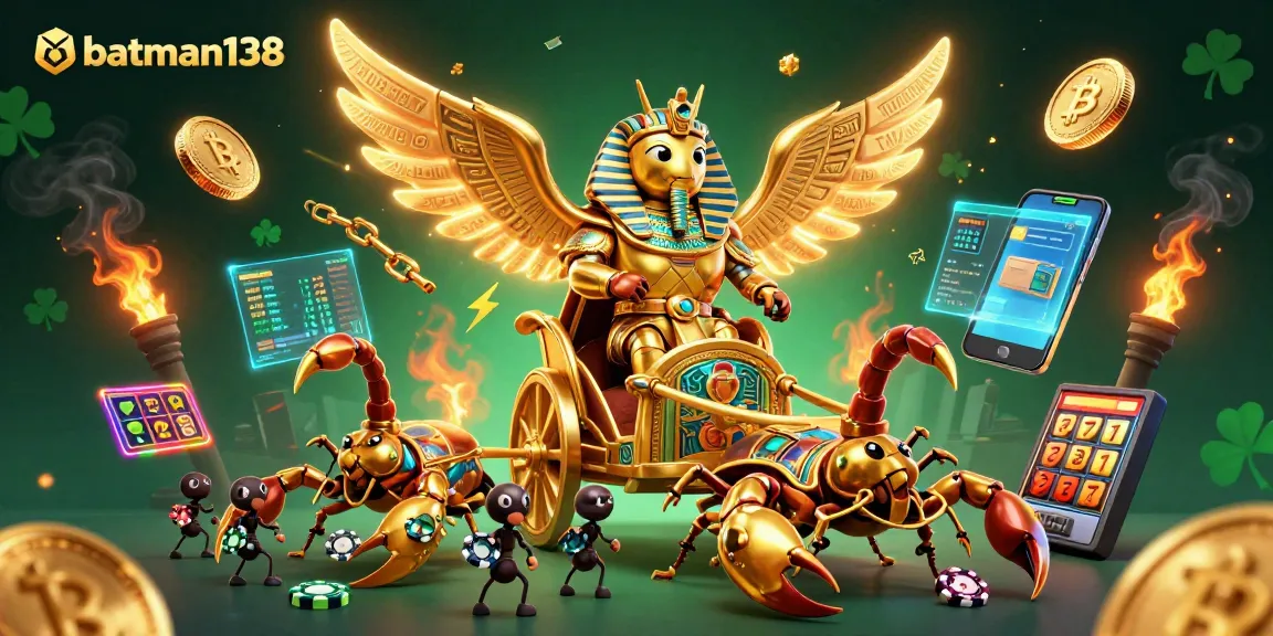 Melihat batman138, sebuah ilustrasi 3D dari penggaris kasino dengan simbol slot dan koin crypto yang bersinar.