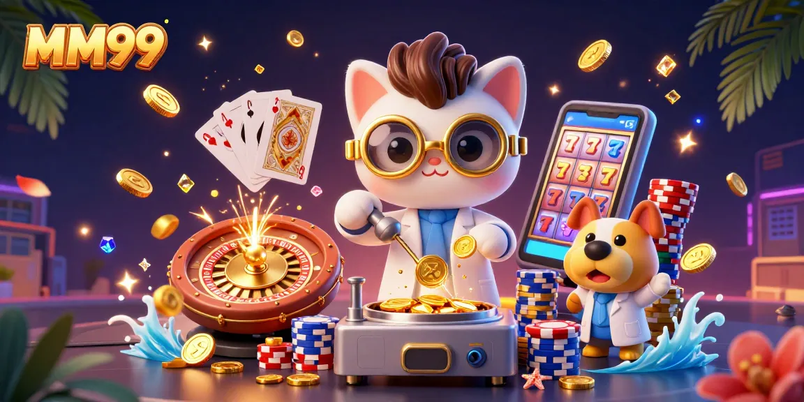 Experience exciting gameplay with MM99 featuring a mad scientist and dog in a vibrant casino scene.