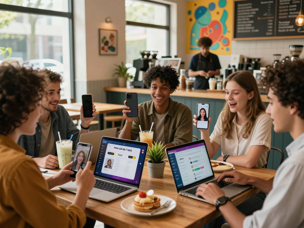 Group enjoying ‘how old do I look’ age estimation fun at a café, showcasing smartphones and cheerful expressions.