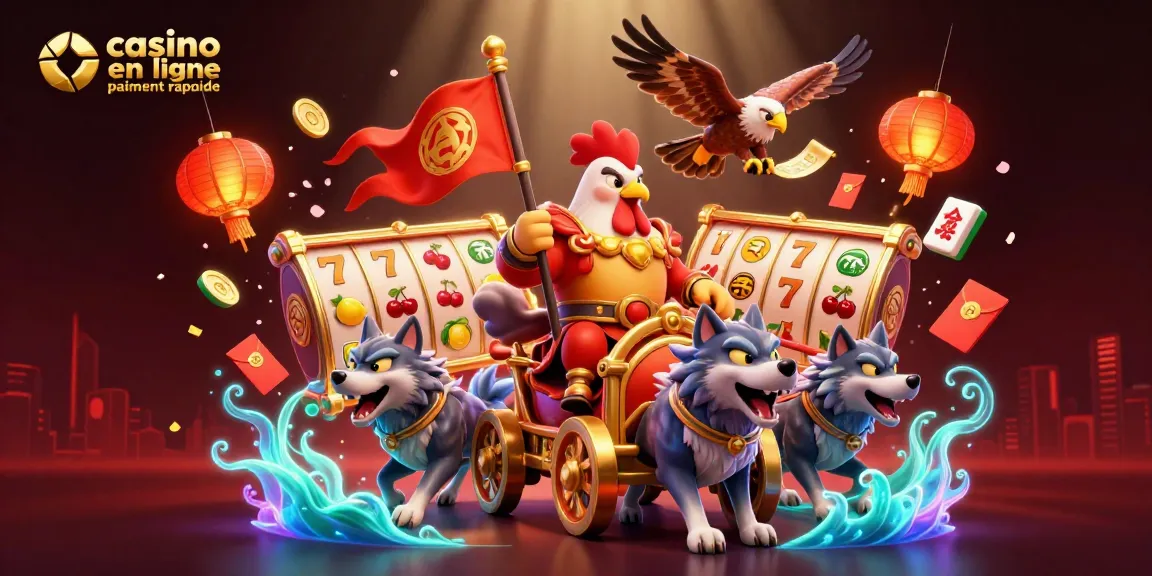 Illustration dynamique représentant le casino en ligne paiement rapide avec un personnage central et des éléments de jeu.