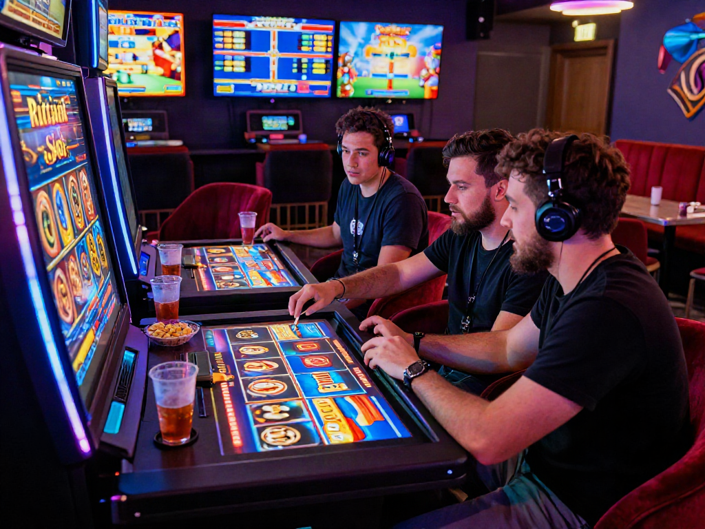 Friends enjoying the Rutan Slot game at a vibrant online casino setting.