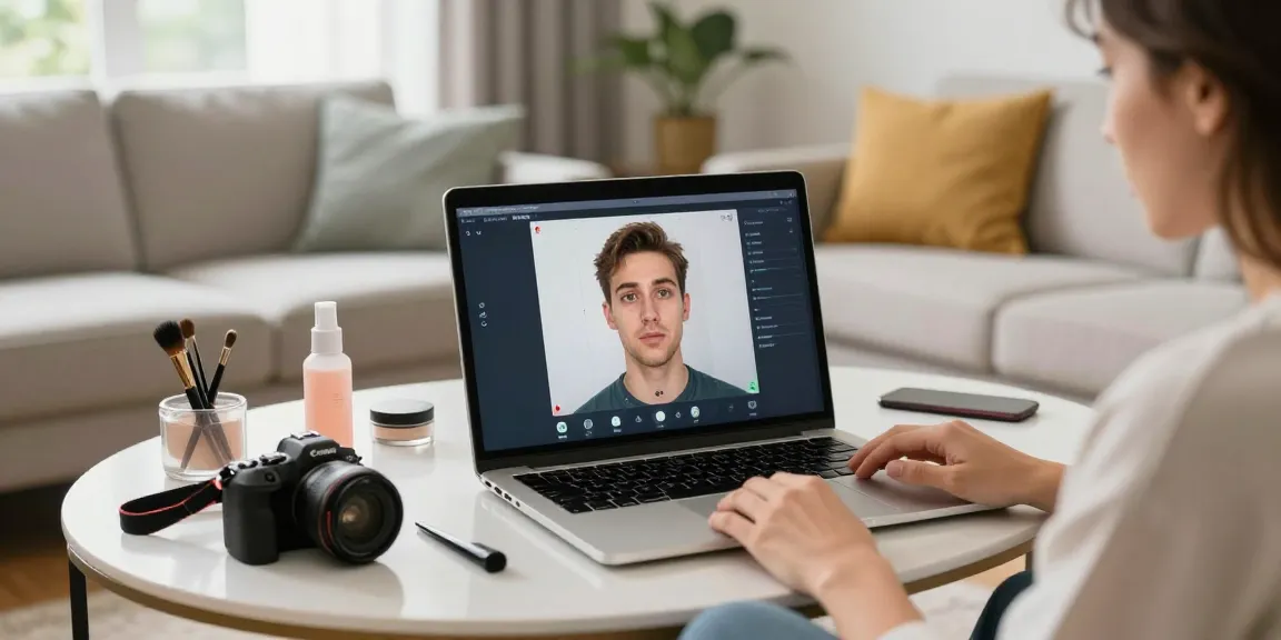 Person taking an attractive test using a laptop in a cozy living room.