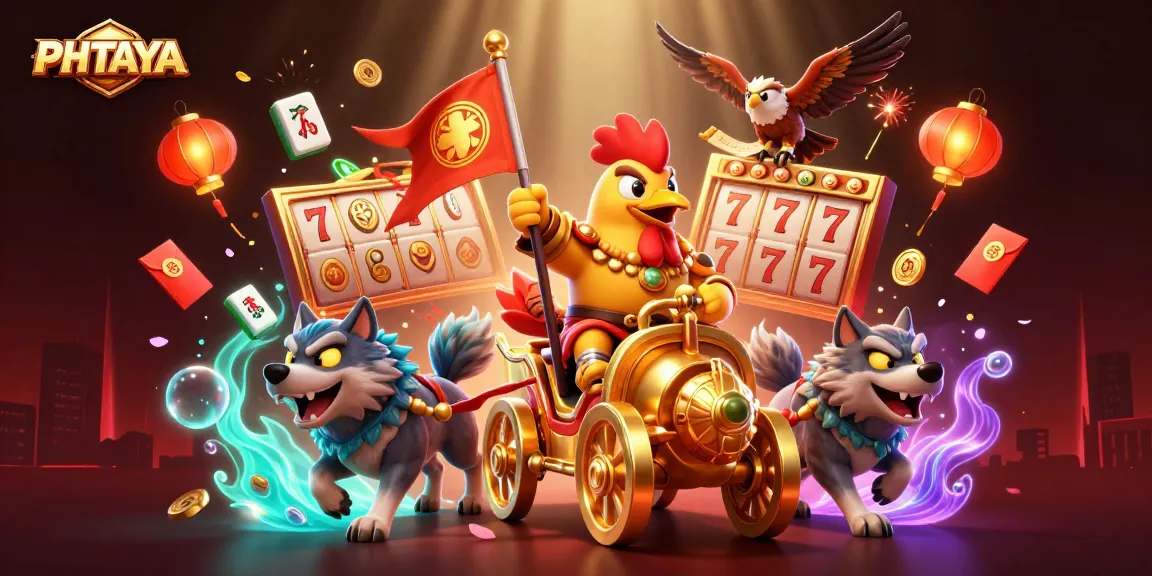 PHTAYA presents an exhilarating casino scene with a rooster warlord, surrounded by dynamic slot game elements and festive decorations.
