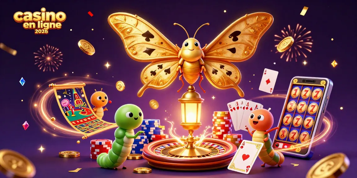 Jouez au casino en ligne 2026 avec cette illustration colorée de machines à sous et symboles de jeux.