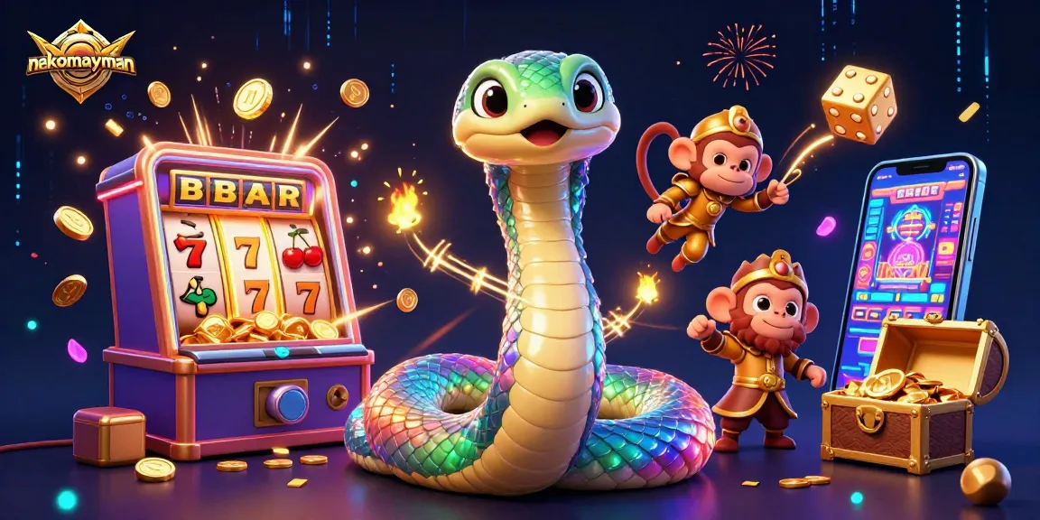 Experience excitement with nekomayman as jackpot coins burst from 3D slot machines amidst vibrant characters.