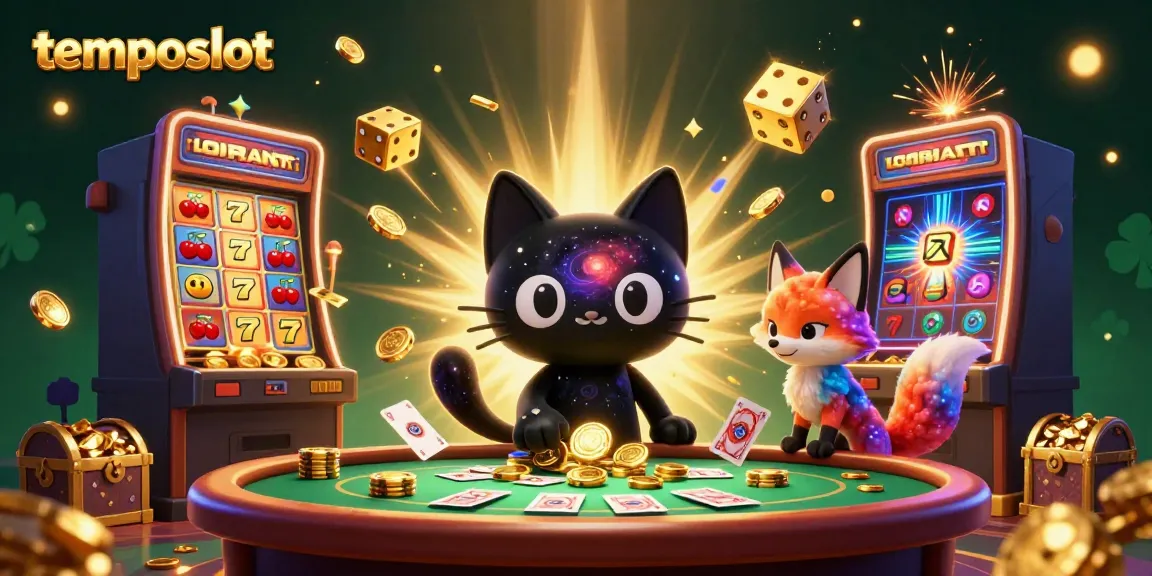 Permainan menarik di temposlot dengan slot mesin jackpot mempesona dan karakter kucing hitam berbintang.
