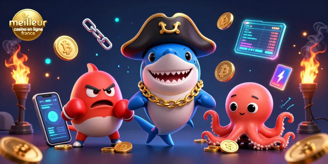 Jouer au meilleur casino en ligne France avec un requin pirate cartoon, un poisson-globe, et un bébé pieuvre argenté.