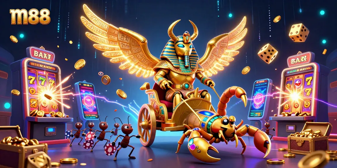 Experience m88's thrilling casino action with a vibrant 3D scene featuring slot machines, golden beetles, and poker chips.