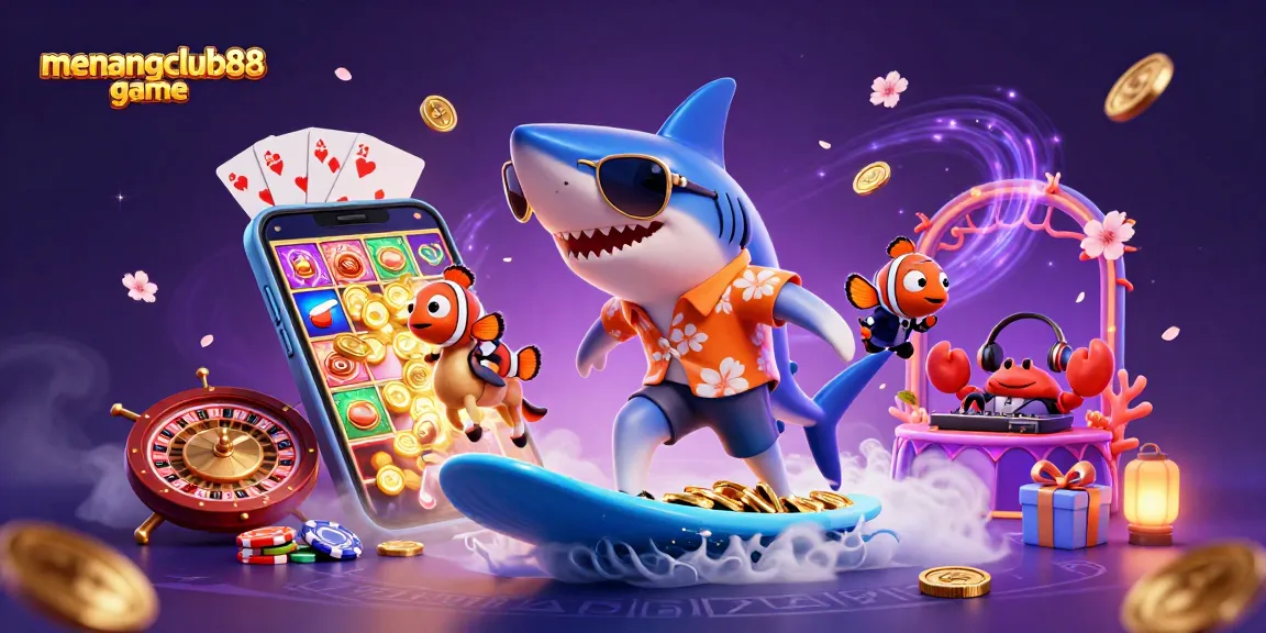 Experience the excitement of menangclub88 game as a shark surfs golden coins beside a classy clownfish and crab DJ.