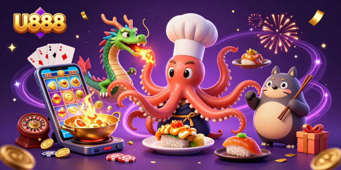 Experience the excitement at U888 with an engaging 3D casino illustration showcasing vibrant games and characters.