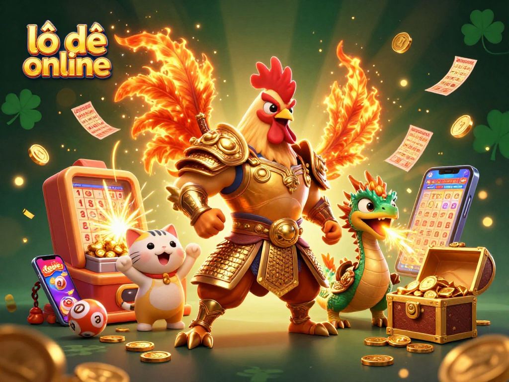 Engaging lô đề online scene featuring a rooster warrior and a dragon hatchling amidst lottery elements.