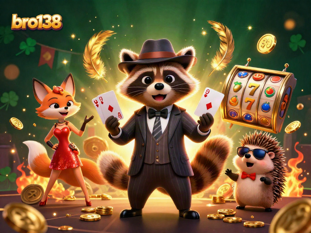 Engage with bro138's exciting slots in a rich, vibrant 3D casino scene filled with gold coins and jackpots.
