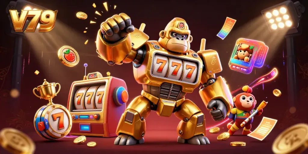 Experience thrilling gameplay with V79's golden gorilla mech slot machine, bursting with excitement and coins.