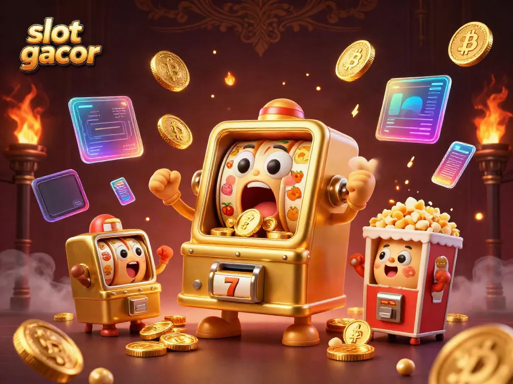 Slot gacor terlihat ceria saat memenangkan jackpot, dikelilingi oleh mesin slot kecil dan mesin popcorn.