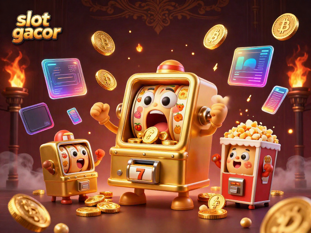 Slot gacor terlihat ceria saat memenangkan jackpot, dikelilingi oleh mesin slot kecil dan mesin popcorn.