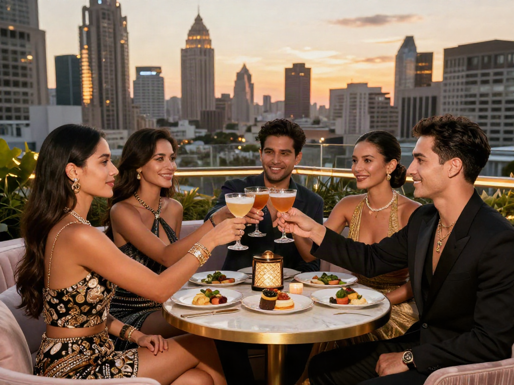 Gaya hidup mewah dengan teman berkumpul di bar rooftop sambil menikmati luxury111 dan suasana glamor.