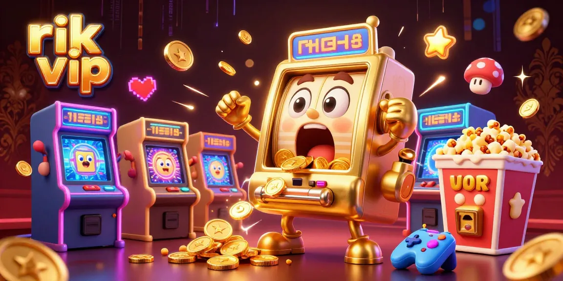 Experience the excitement of rik vip with a golden slot machine hitting jackpots and cheering companions.