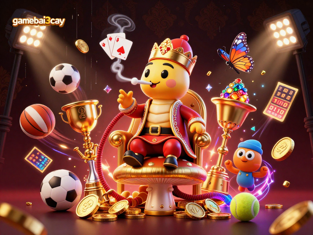 Engage with thrilling gamebai3cay action in a vibrant 3D casino illustration featuring an enchanting caterpillar master.