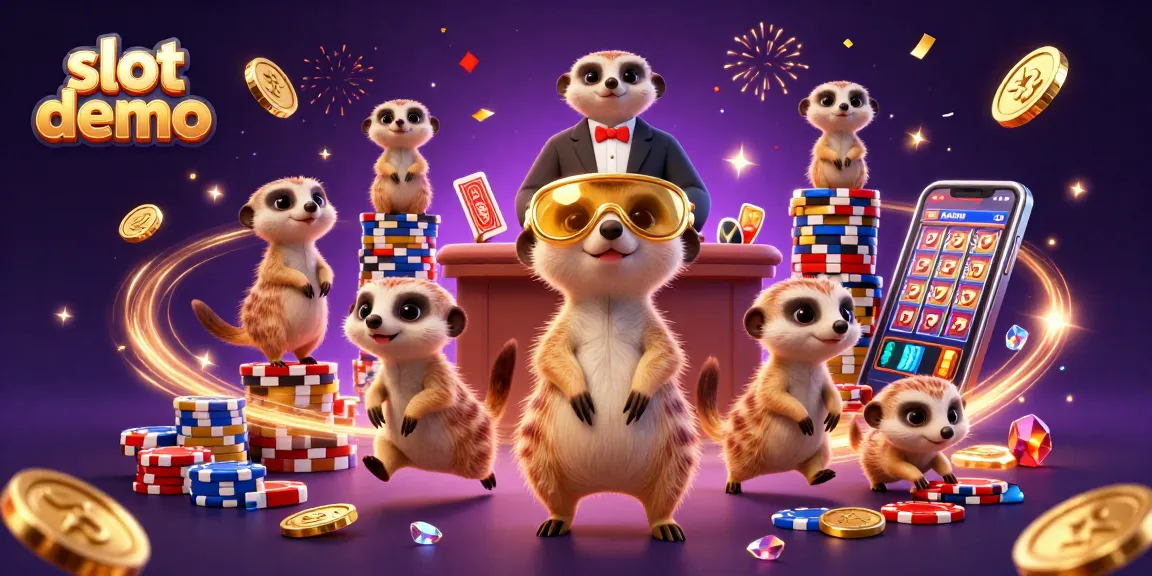 Engage with the slot demo scene featuring 3D meerkats in a vibrant casino setting with chips and coins.