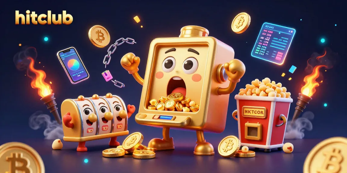 hitclub slot machine celebrates a jackpot, surrounded by cheering baby machines and crypto elements.