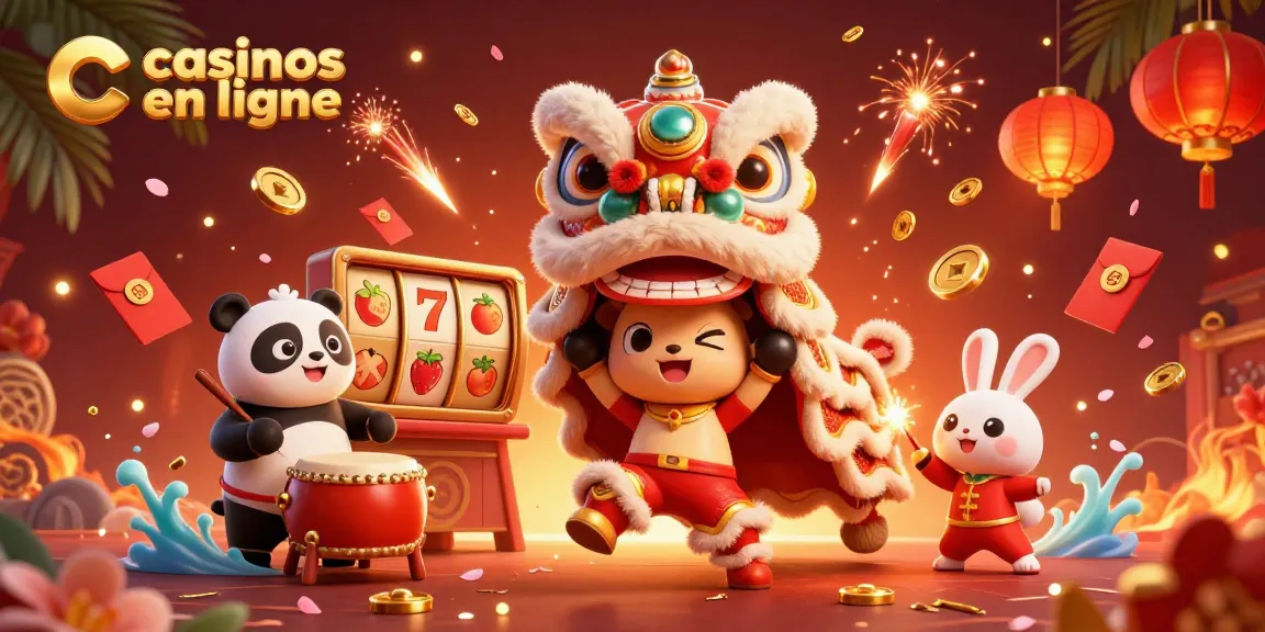 Illustration dynamique des casinos en ligne avec un lion dansant, des lanternes et des éléments de jeu.