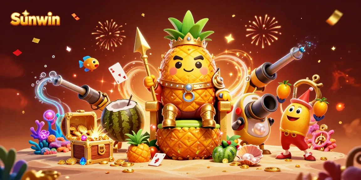 Engage with Sunwin's vibrant casino scene featuring a pineapple king, cannon, and rich treasures.
