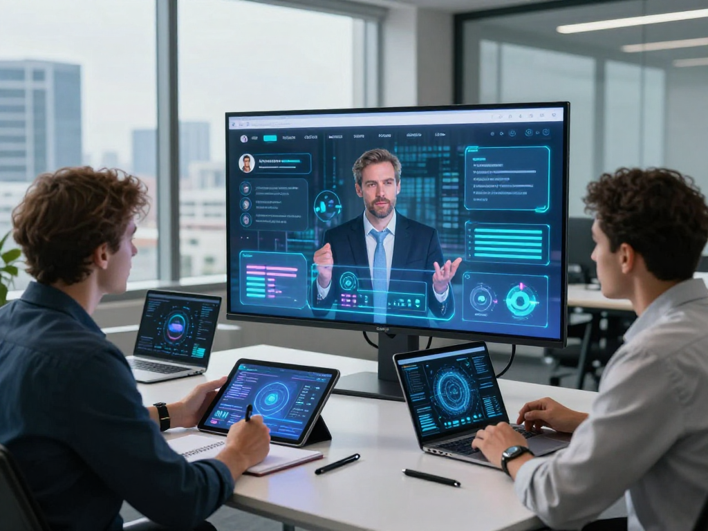 Interactive AI chat interface scene in a futuristic digital workspace, showcasing spicy chat ai in action with diverse professionals.