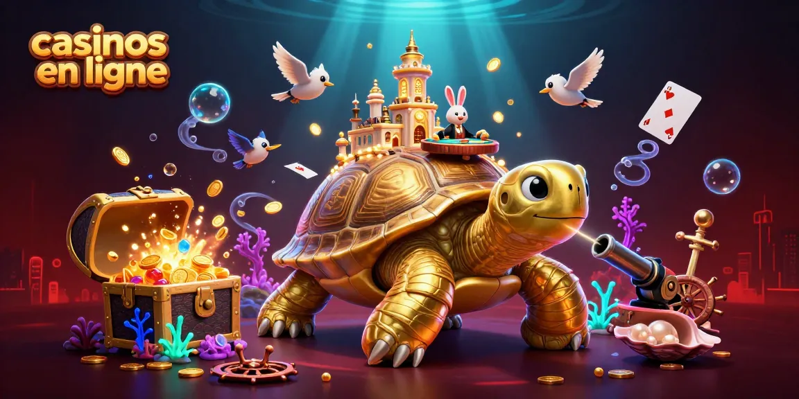 Les casinos en ligne : illustration 3D animée d'une tortue géante avec un palais de casino et un croupier